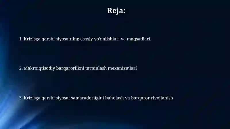 Krizisga qarshi siyosat va makroiqtisodiy muvozanatini ta’minlash 2