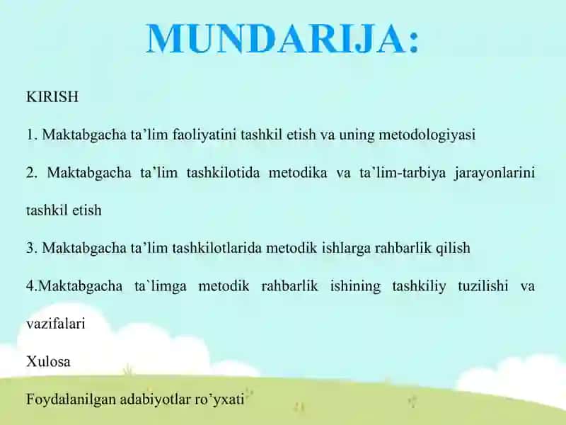 "MAKTABGACHA TA`LIM TASHKILOTLARIDA METODIK ISHLARNI TASHKIL ETISH" 2