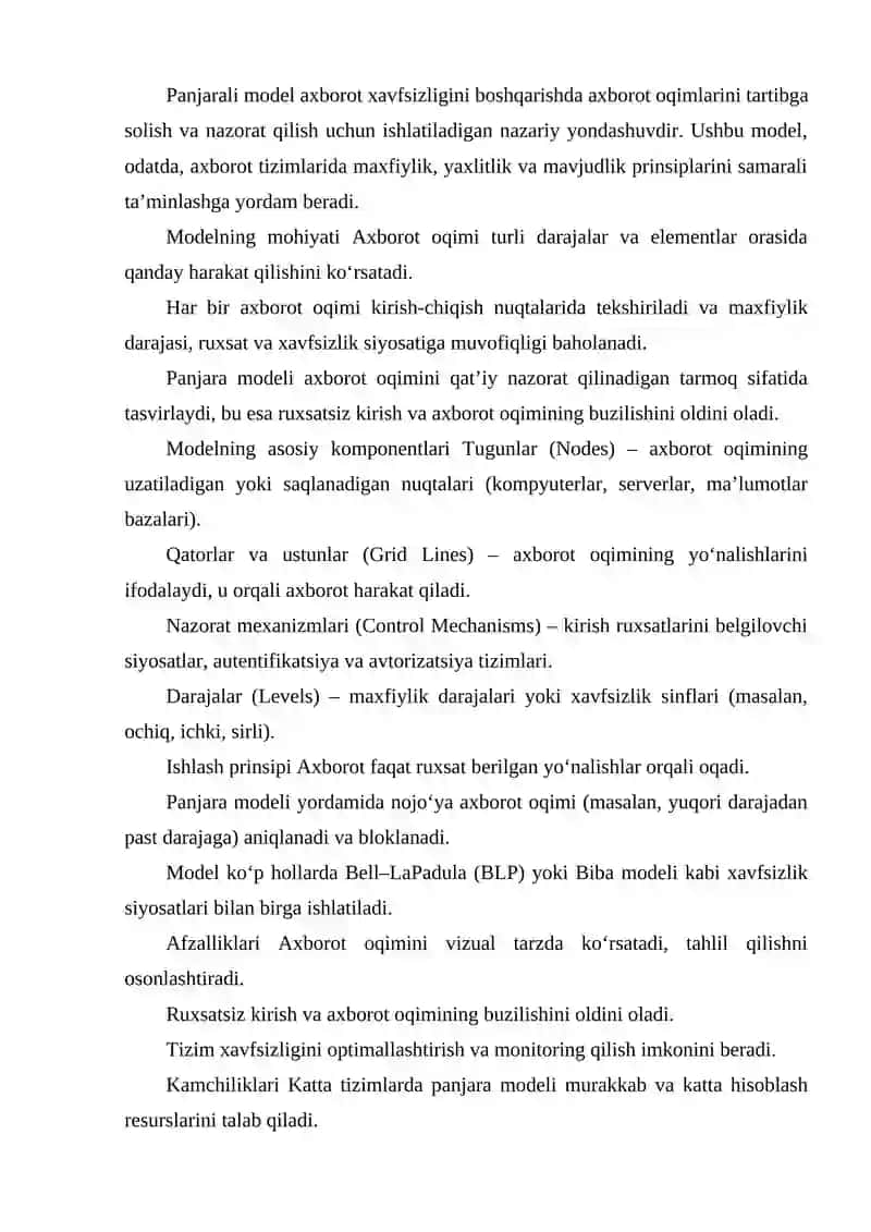 XAVFSIZLIK AXBOROT OQIMINING PANJARA MODELI 2