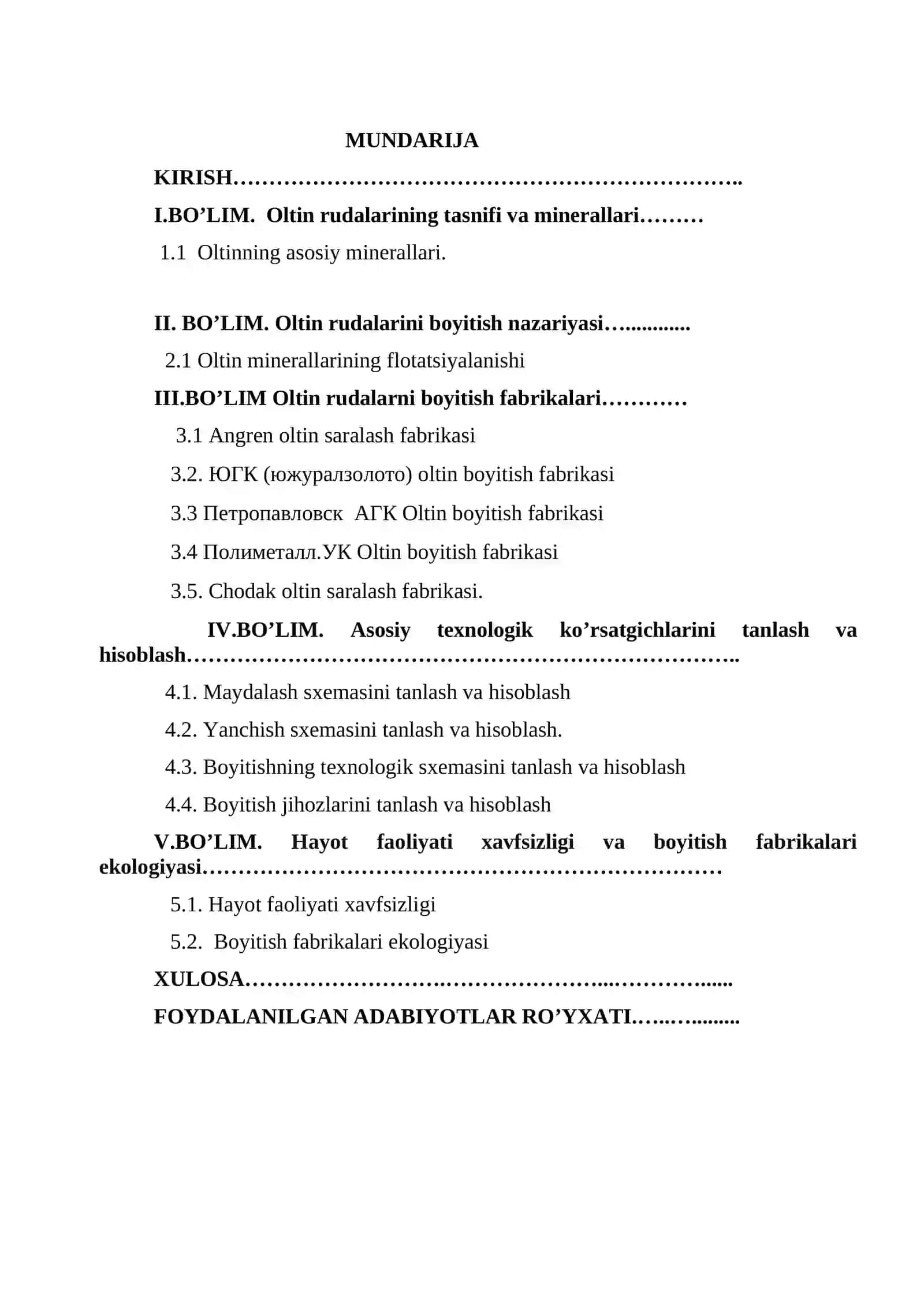 “Oltin rudasini boyitishning texnologik sxemasini tanlash va hisoblash” mavzusidagi DIPLOM ISHI 2
