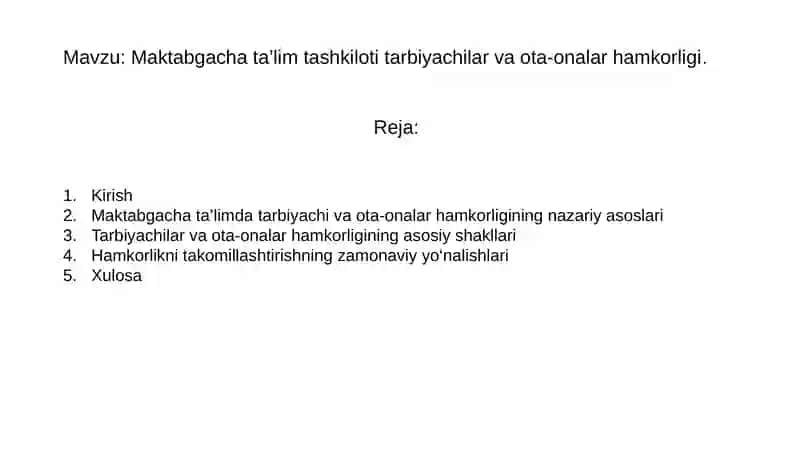 Maktabgachata’lim tashkiloti tarbiyachilar va ota-onalar hamkorligi 2