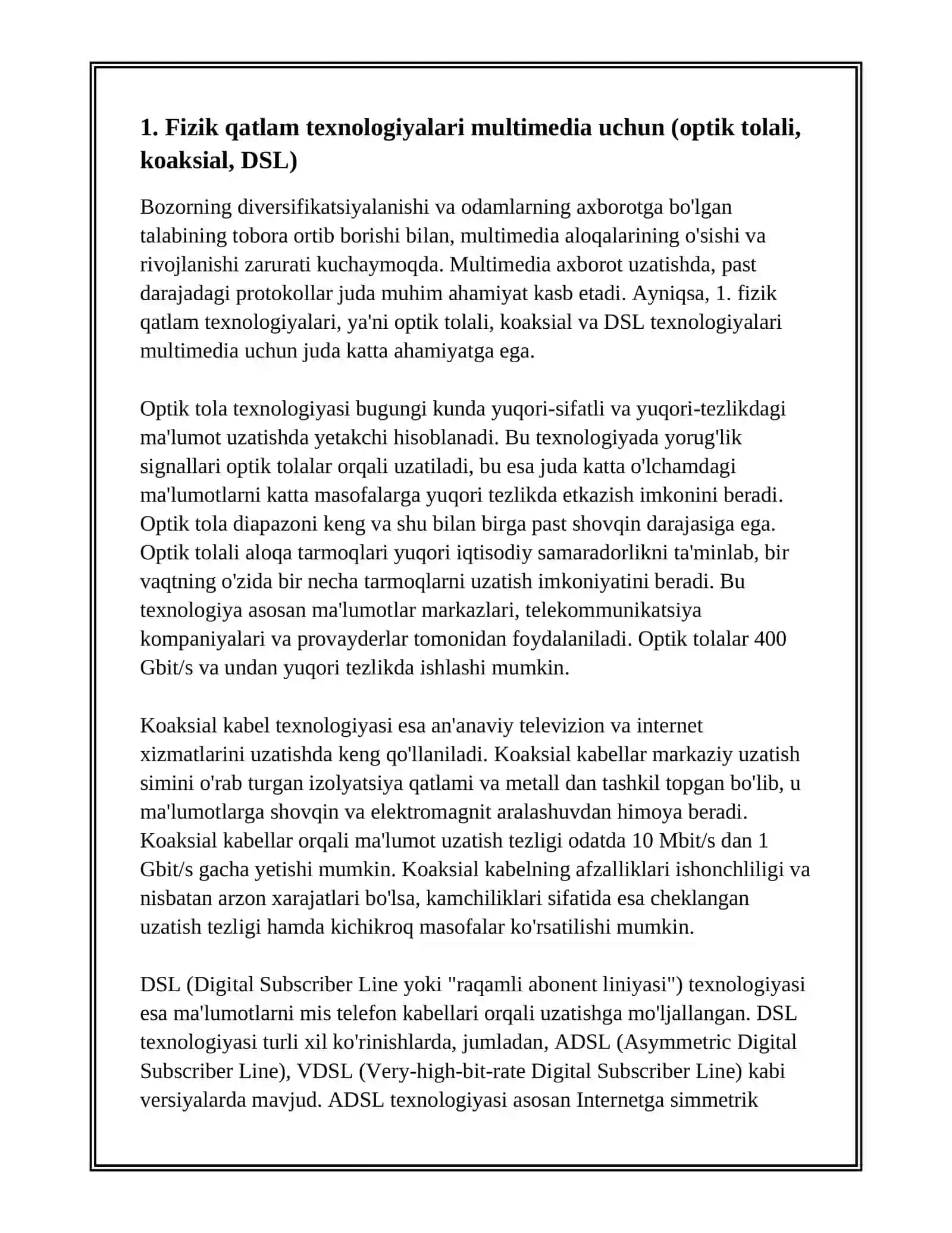 MULTIMEDIA ALOQA TARMOQLARI UCHUN PAST DARAJADAGI PROTOKOLLAR 2