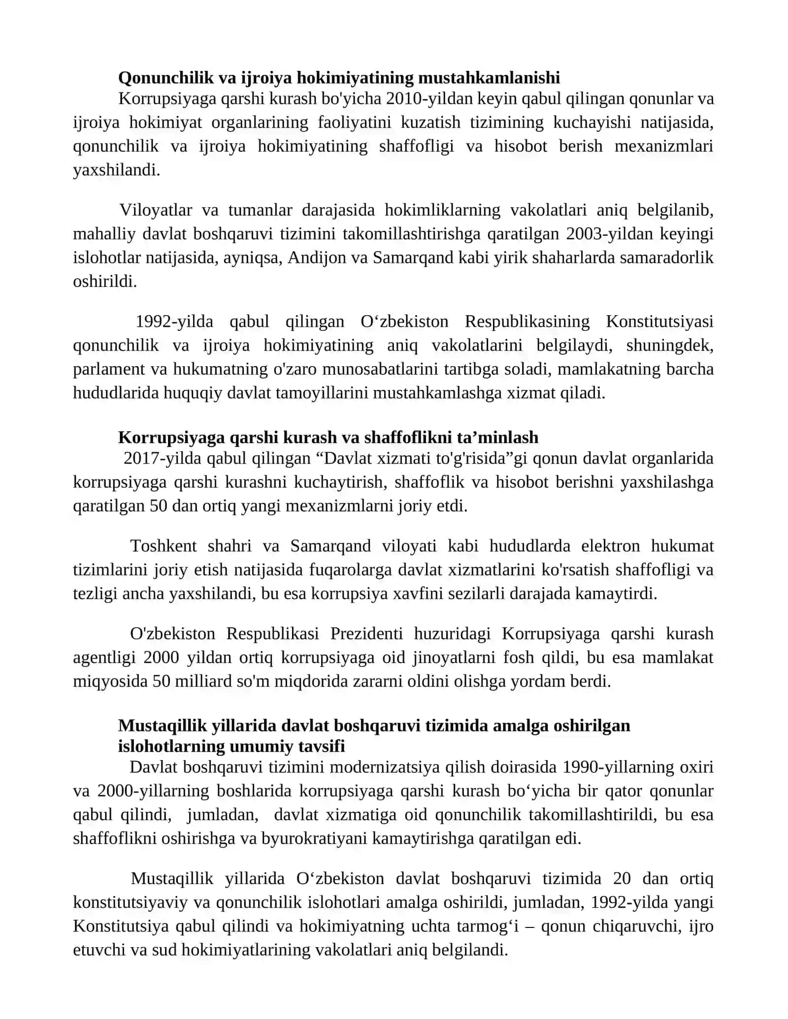 Mustaqillik yillarida davlat boshqaruv tizimida amalga oshirilgan islohotlar 2