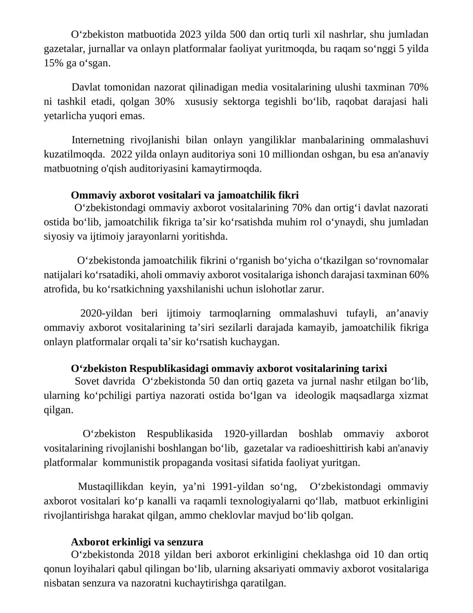 O‘zbekiston Respublikasida ommaviy axborot vositalarining faoliyati 2