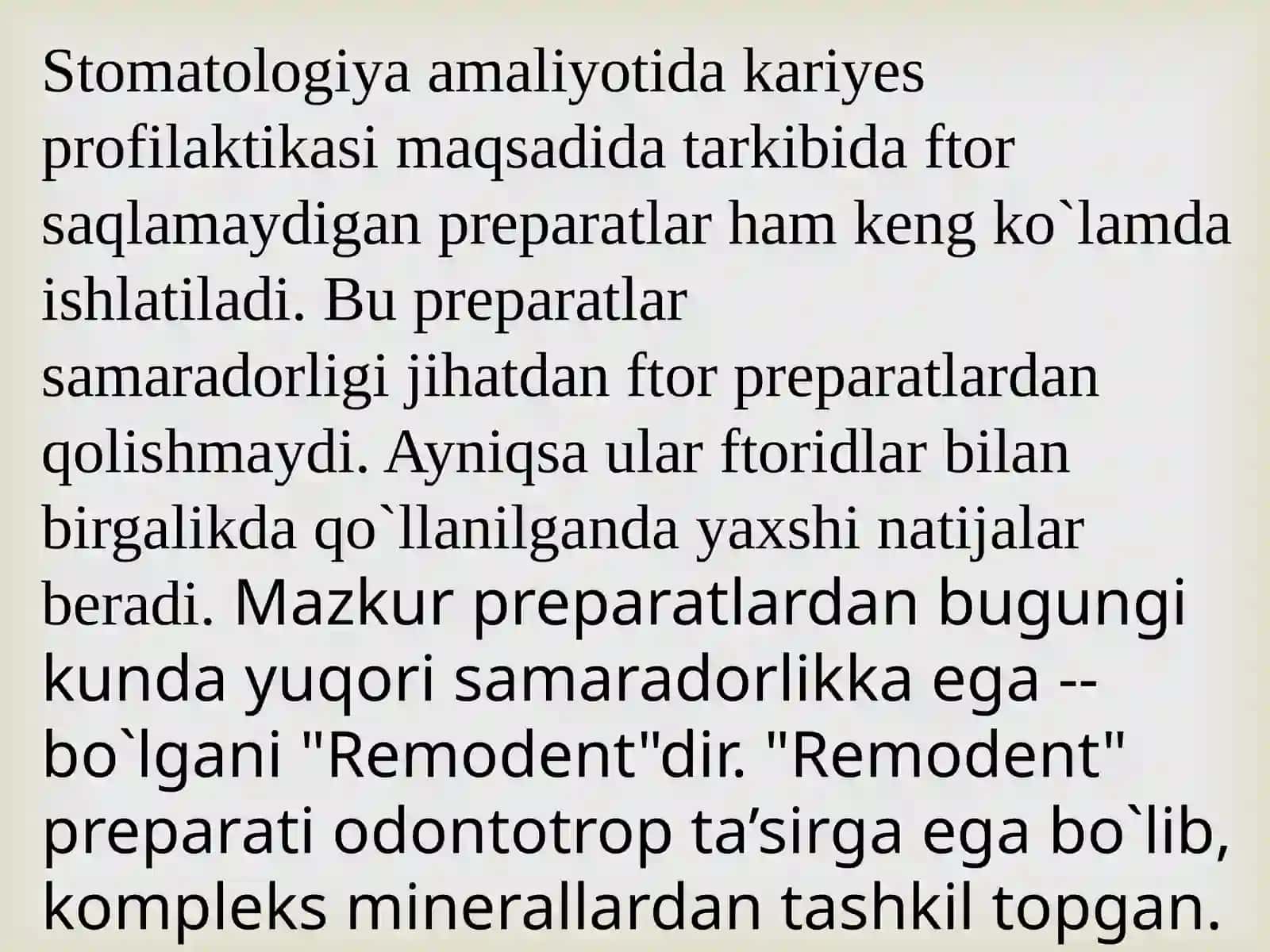 Kariyes profilaktikasida ftor tutmaydigan preparatlar. Ularning ahamiyati, qo’llash usullari ("Remodent", Kaltsiy preparatlari, fitin, vitaminlar.) 2