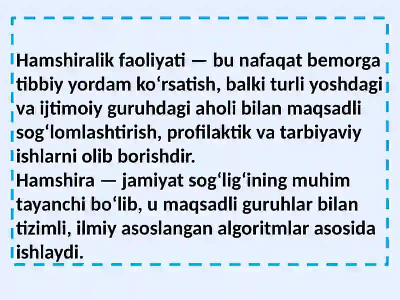 Hamshiraning maqsadli guruhlarda ish olib borish standartlari va algoritmlari 2