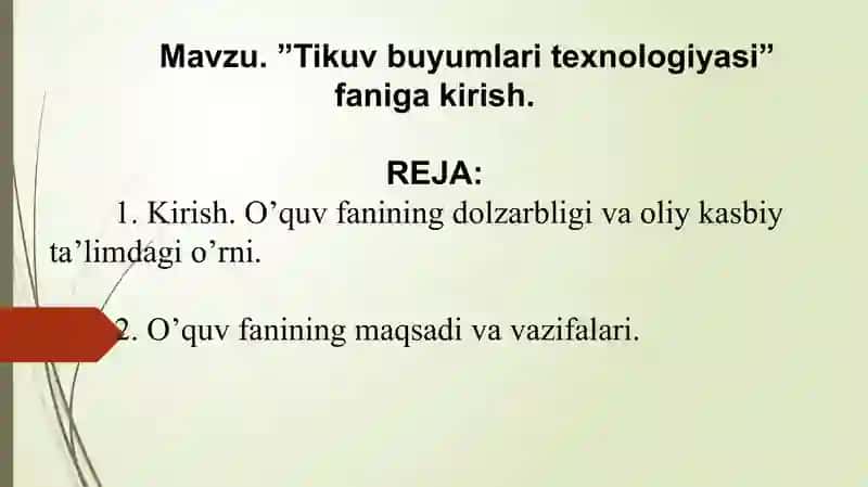 ”Tikuv buyumlari texnologiyasi” faniga kirish 2