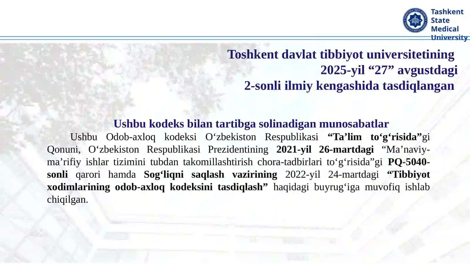 Toshkent davlat tibbiyot universiteti Odob-Axloq Kodeksi 2