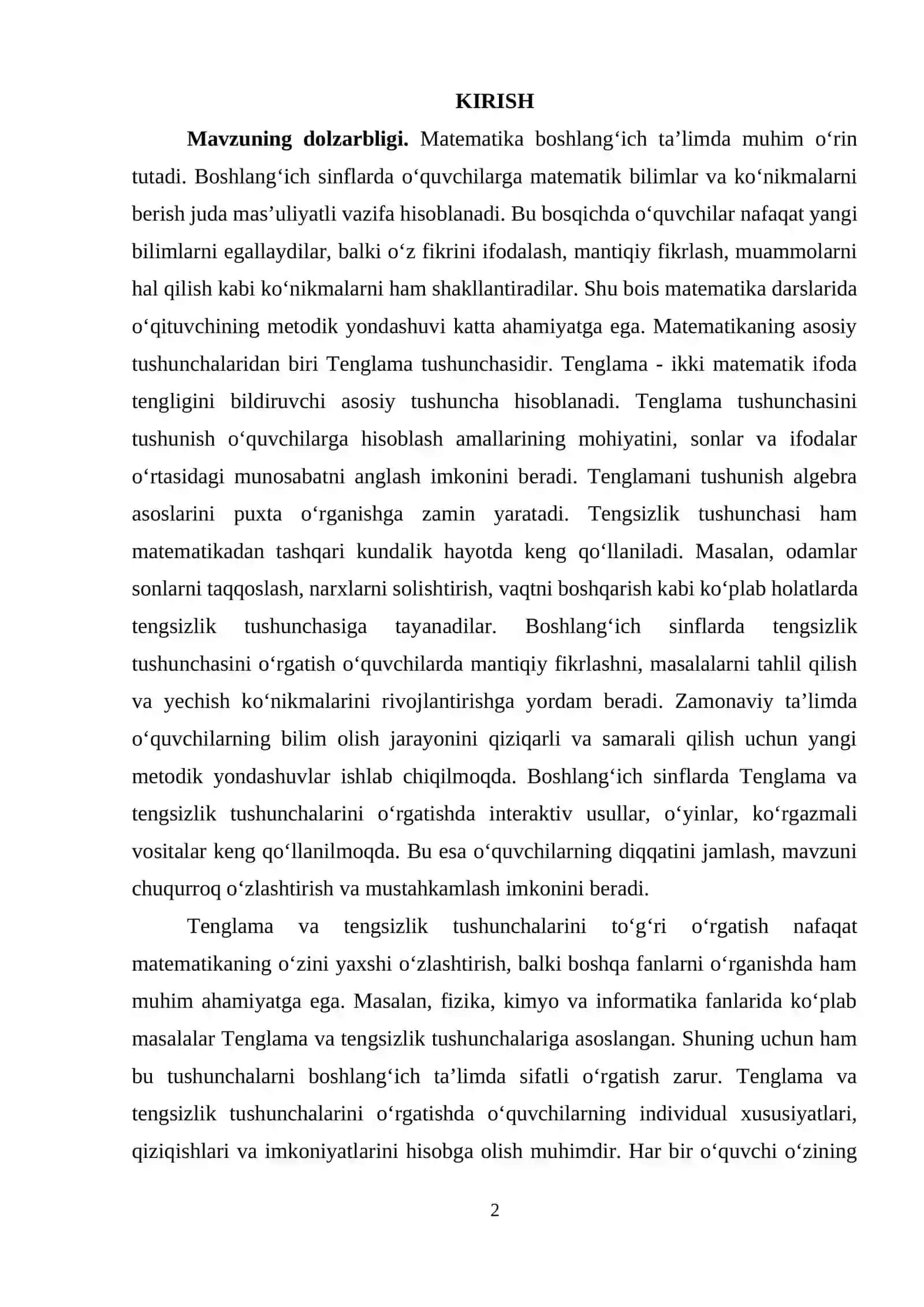 Boshlang‘ich sinflarda Tenglama va tengsizlik tushunchalarini o‘rgatish metodikasi 2