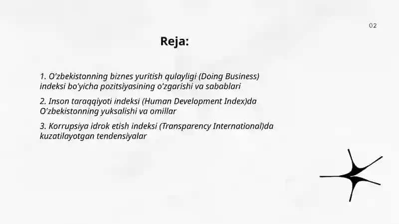 Yangi O'zbekistonda ijtimoiy-siyosiy, iqtisodiy va madaniy hayotida ro'y berayotgan o'zgarishlarning xalqaro reyting va indekslarda aks etishi 2