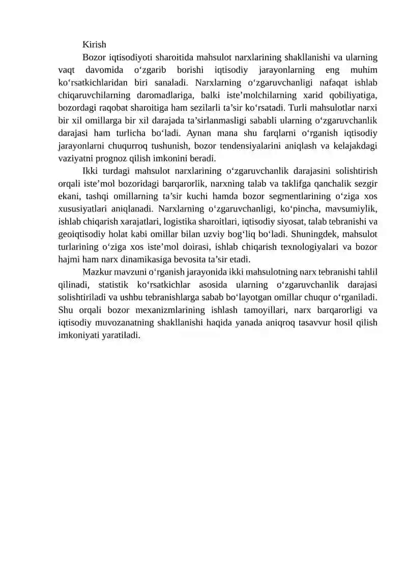 Ikki turdagi maxsulot narxlardagi o’zgaruvchanlikni taqoslash 2