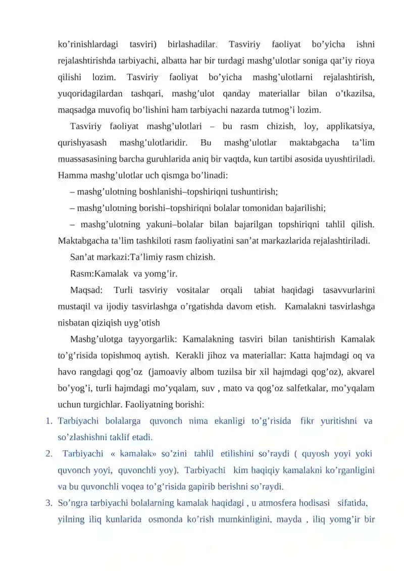 21-mavzu: Maktabgacha ta’lim muassasalarida tasviriy faoliyatga doir mashg’ulotlarni o’tkazish metodikasi 2