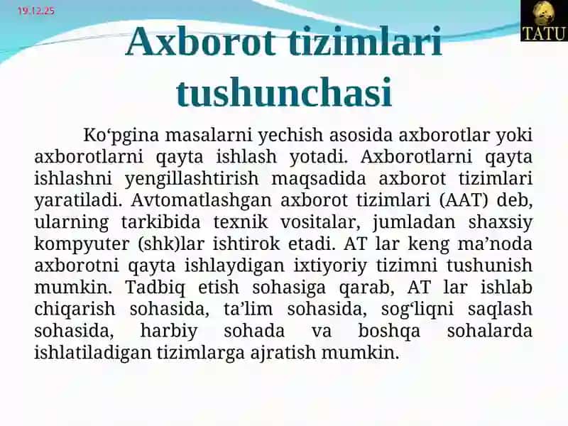 Fanning maqsadi va vazifalari. Asosiy tushuncha va ta’riflar. Ma’lumotlar bazasiga qo‘yiladigan talablar. 2
