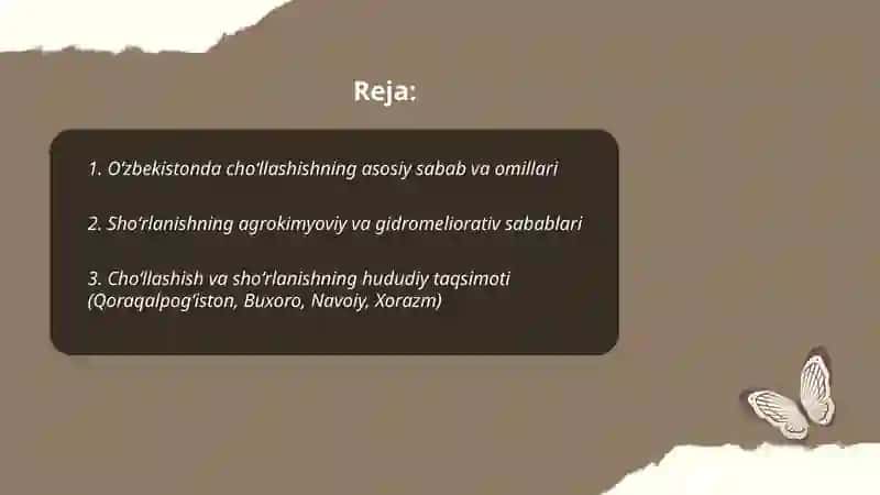 Oʻzbekistonda choʻllashish muammosi va uni oldini olish chora tadbirlari 2