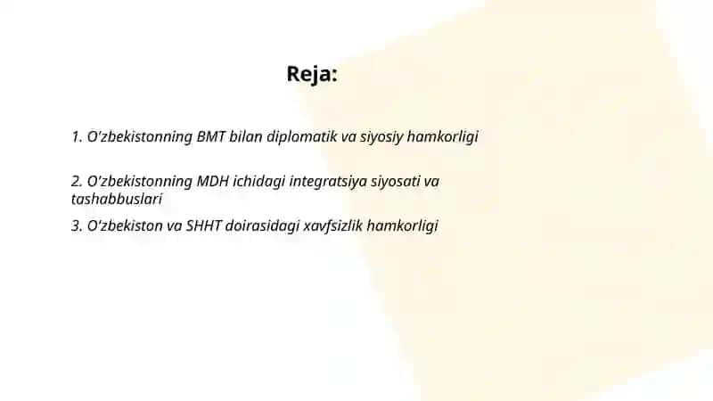 O'zbekistonning BMT bilan diplomatik va siyosiy hamkorligi 2
