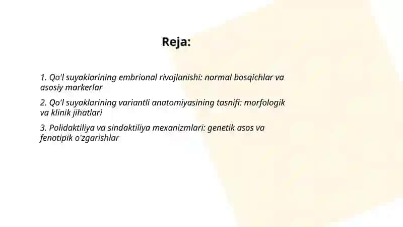 Qo'l suyaklarining variantli anatomiyasi rivojlanish nuqsonlari qo'l suyaklarining rivojlanishiga ichki va tashki faktorlarning tasiri 2