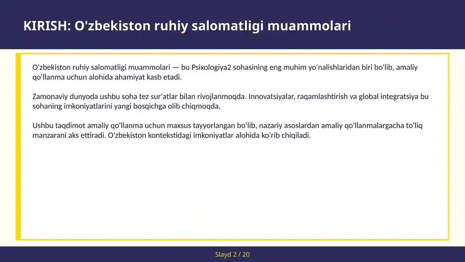 O'ZBEKISTON RUHIY SALOMATLIGI MUAMMOLARI 2