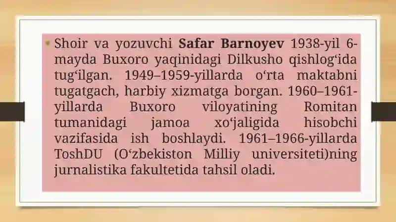 Safar Barnoyevning ijodiy yodgorlik va hayoti 2