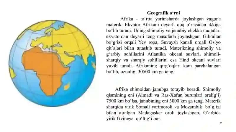 Afrika materigi geografik o’rni, okean qismlari, chekka nuqtalarining o’ziga xosligi. 2