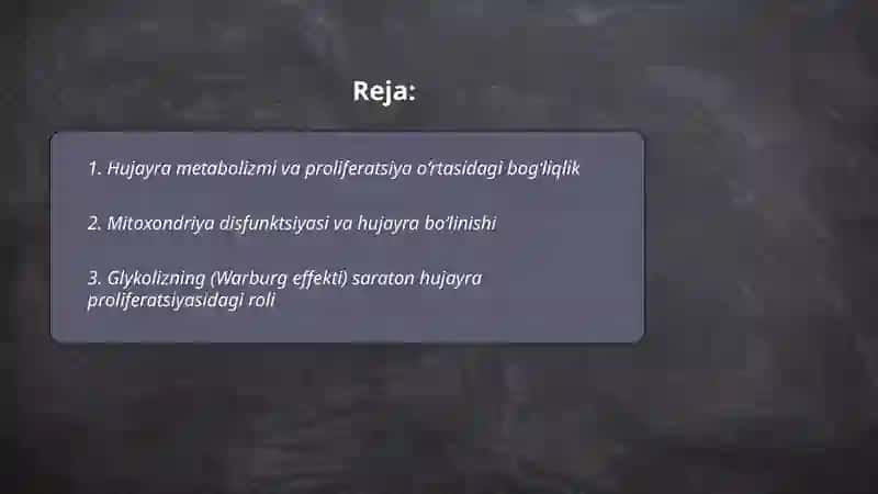 Hujayrada modda energiya va malumot oqimi hujayra prolifiratsiyasi muammolarining tibbiyotdagi roli 2