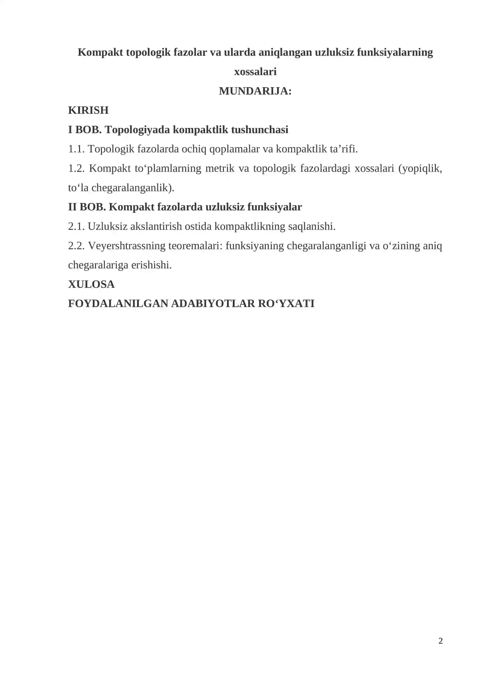 Kompakt topologik fazolar va ularda aniqlangan uzluksiz funksiyalarning xossalari 2