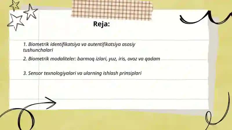 Biometrik identifikatsiya va autentifikatsiya asosiy tushunchalari 2