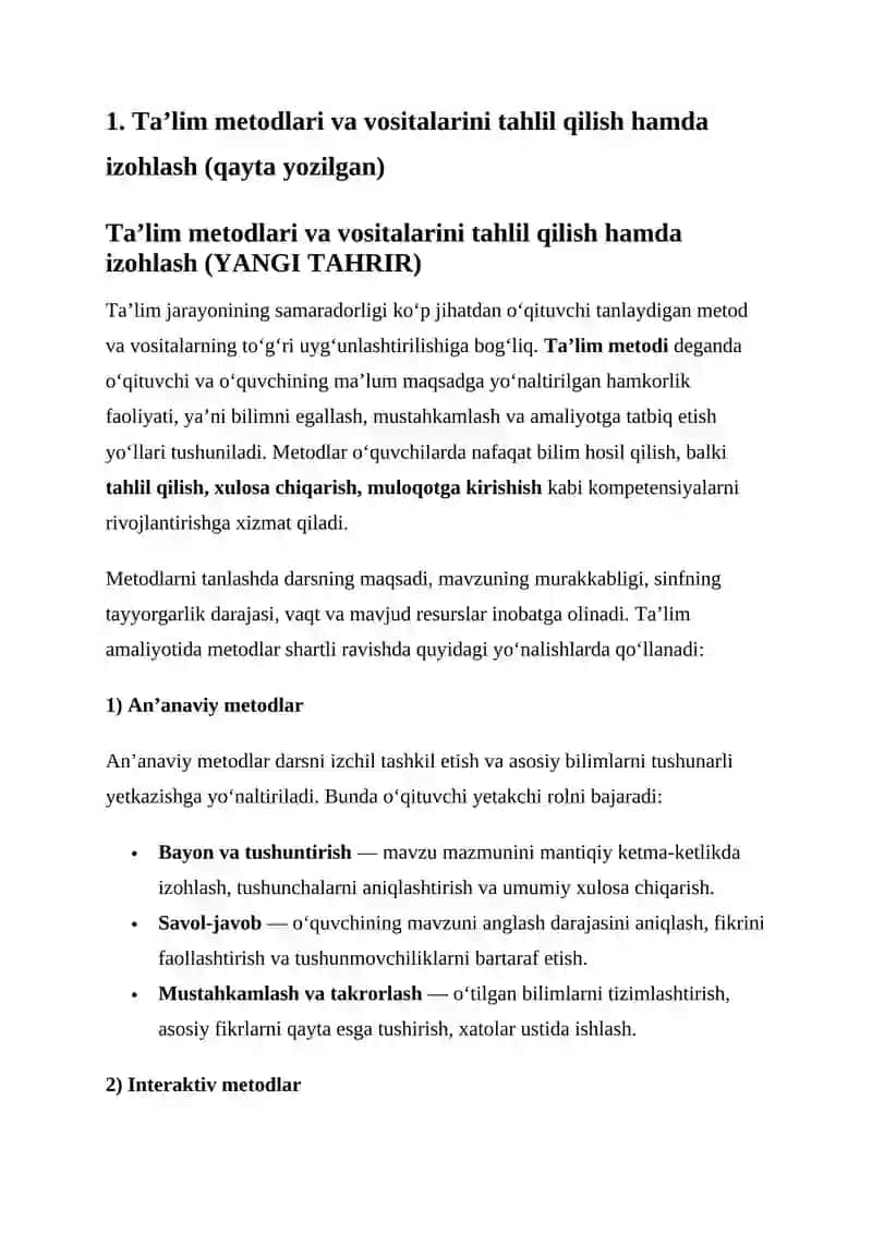 Ta’lim Metodlari va Vositalarini Tahlil qilish hamda Izohlash 2