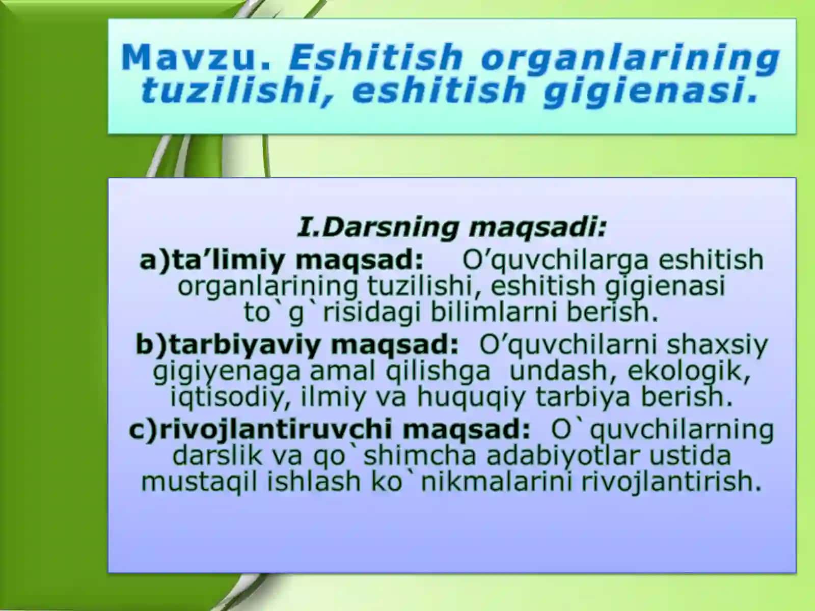 Biologiya fanida "Eshitish organlarining tuzilishi" mavzusi 2