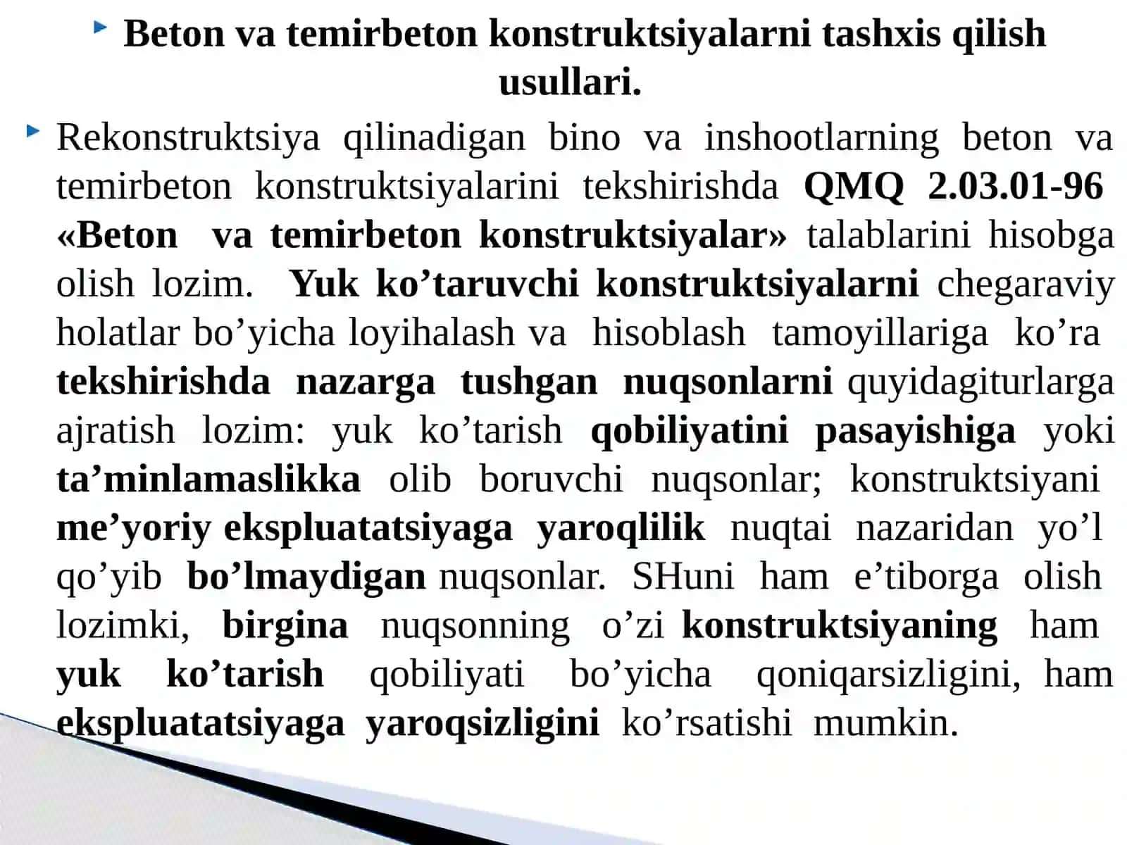 BETON VA TEMIR-BETON KONSTRUKTSIYALARNI TASHXISLASH(DIAGNOSTIKA) USULLARI. TOSH VA ARMATOSH KONSTRUKTSIYALARINITEKSHIRISH 2