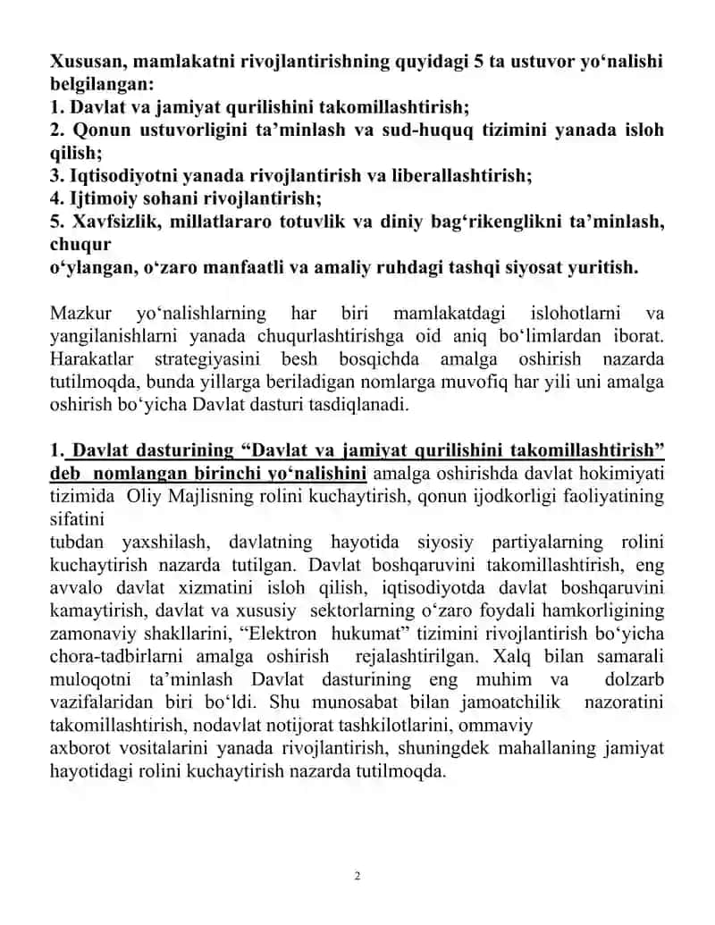 "O‘zbekiston Respublikasi yanada rivojlantirish bo‘yicha Harakatlar strategiyasi" 2