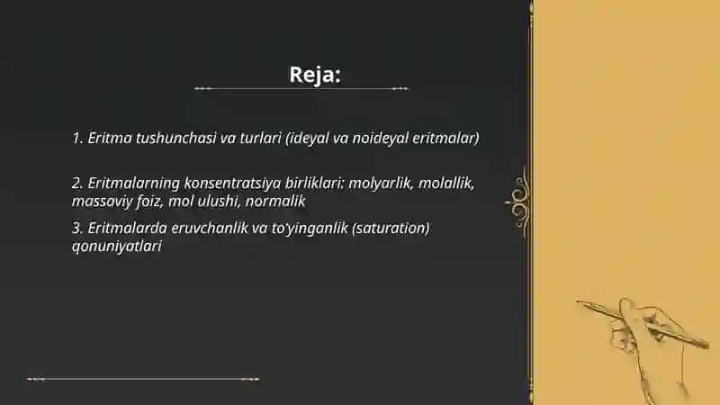 Eritmalar.Eritmalarning koligativ xossalari.Titremetrik tahlil asoslari 2