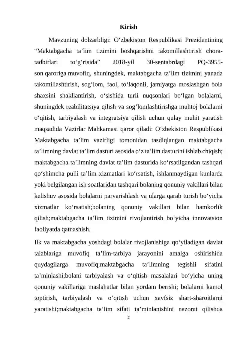 O‘zbekiston Respublikasi Prezidentining “Maktabgacha ta’lim tizimini boshqarishni takomillashtirish chora-tadbirlari to‘g‘risida” 2018-yil 30-sentabrdagi PQ-3955-son qaroriga 2