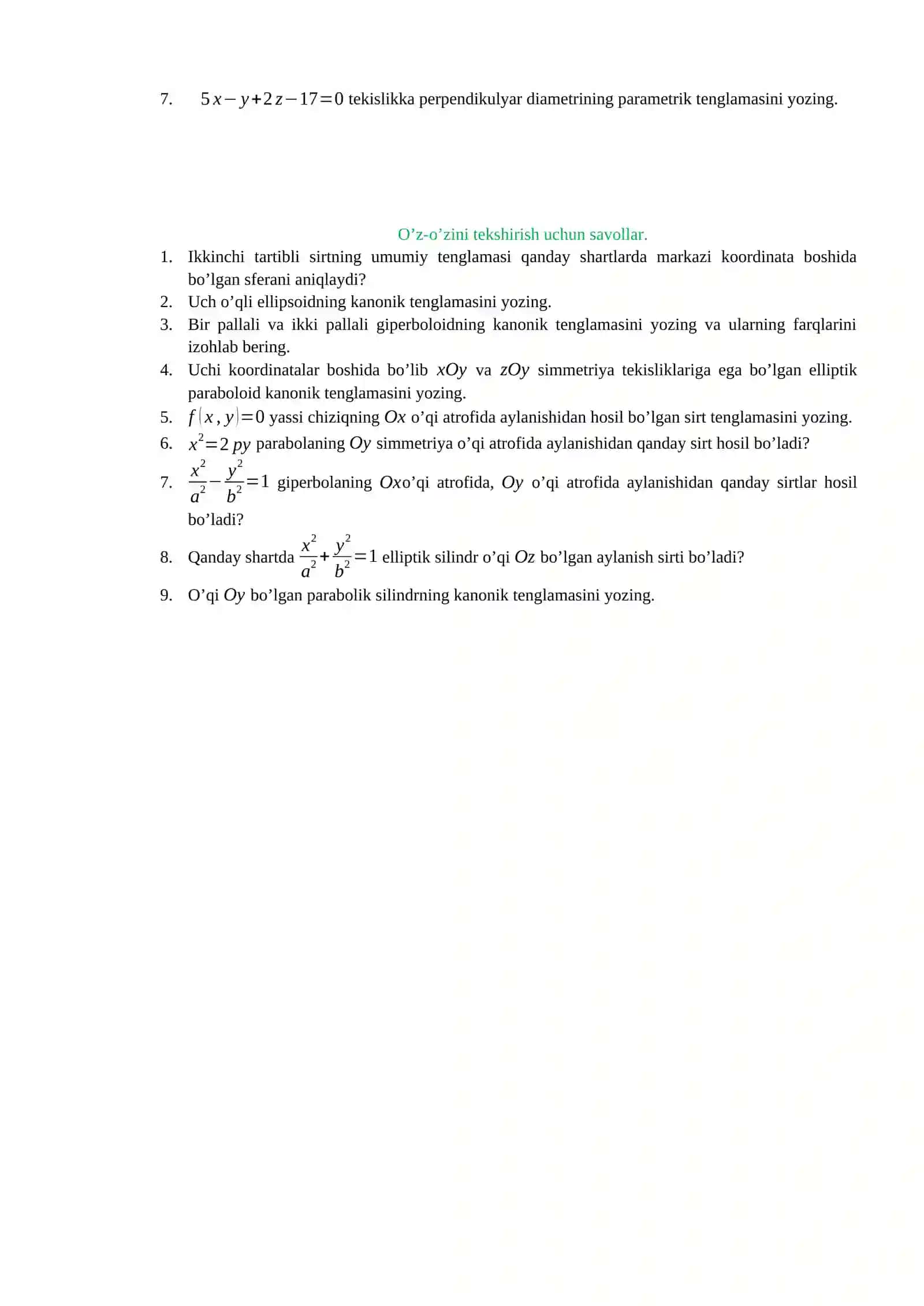 Masala 13 <latex>x=z</latex> to’g’ri chiziqni <latex>Oz</latex> uni atrofiga aylanishdan hosil bo’lgan sirt tenglamasini yozing va turini aniqlang 2