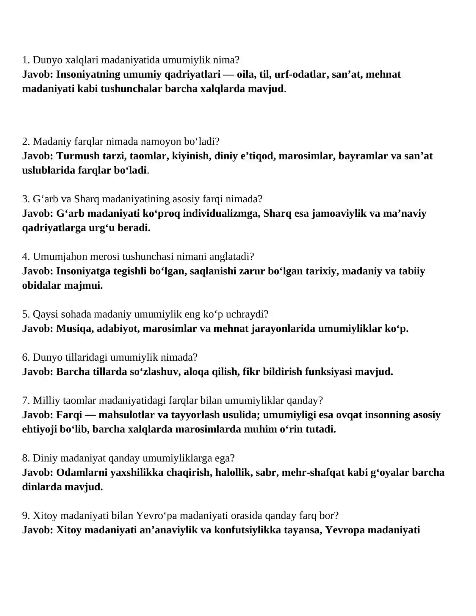 Dunyo xalqlari madaniyati savol-javob 2