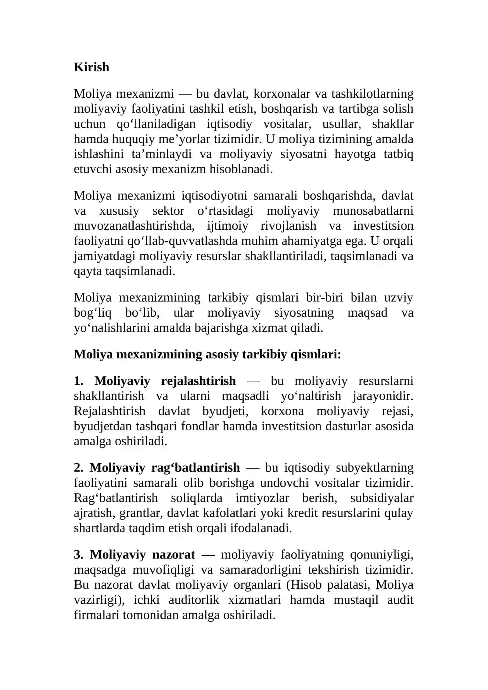 Moliya mexanizmi tushunchasi va uning iqtisodiyotdagi o‘rni 2