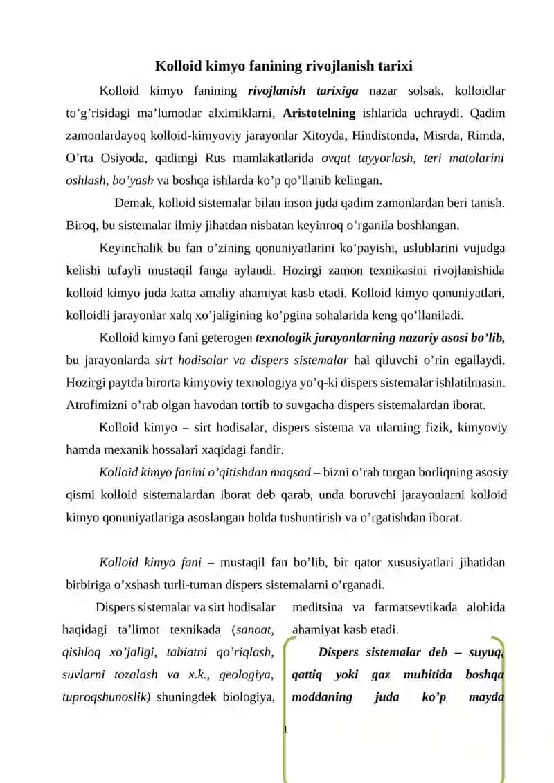 Kolloid kimyo fanining rivojlanish tarixi 2