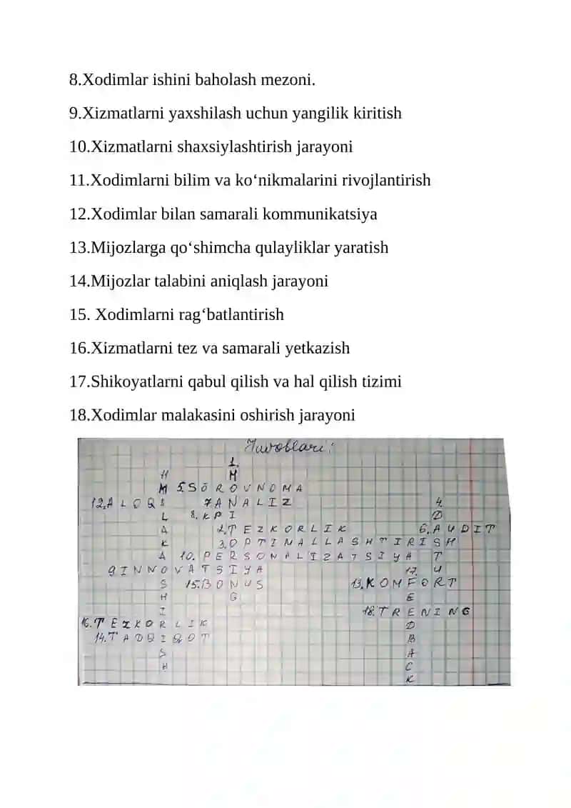 Xizmatlar sohasida xizmatlar sifatini oshirish imkoniyatlari krossword 2
