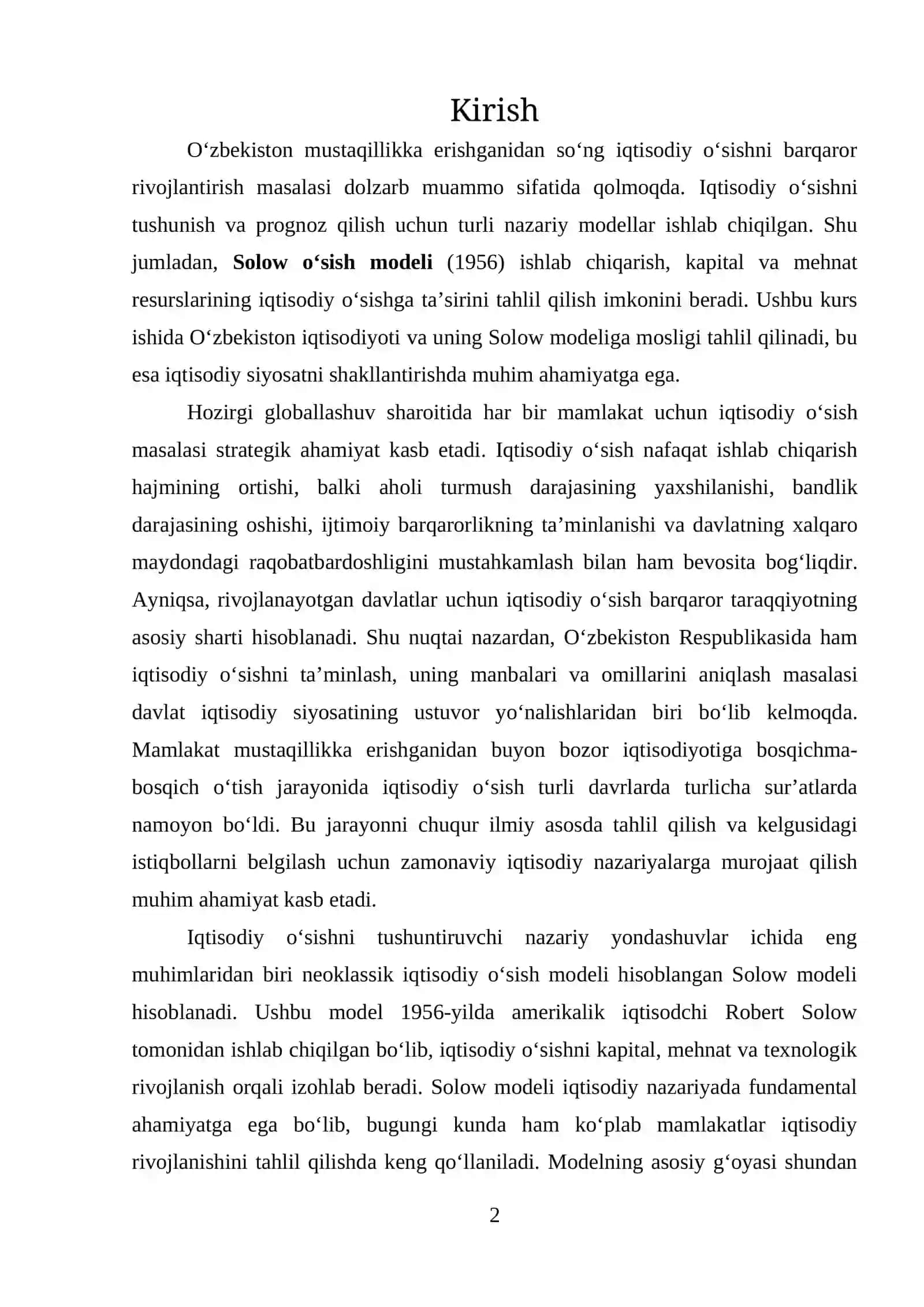 Oʻzbekistonda Iqtisodiy Oʻsishning Solow Modeli Mosligi 2