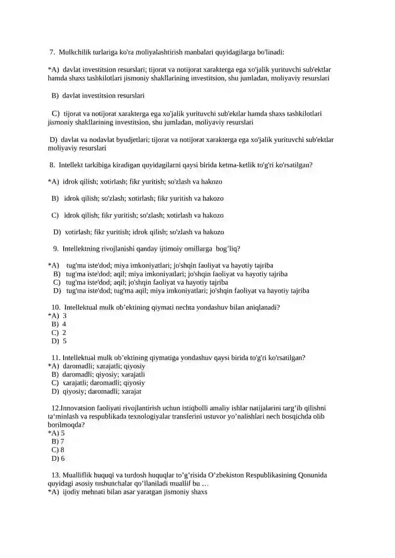 "INNOVATSION IQTISODIYOT" FANIDAN TEST SAVOLLARI 2