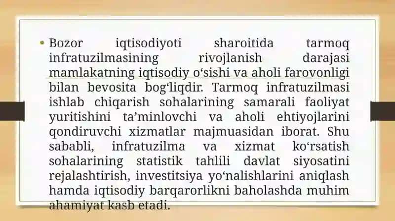 Tarmoqinfratuzilmasivaxizmatko‘rsatishstatistikasi 2