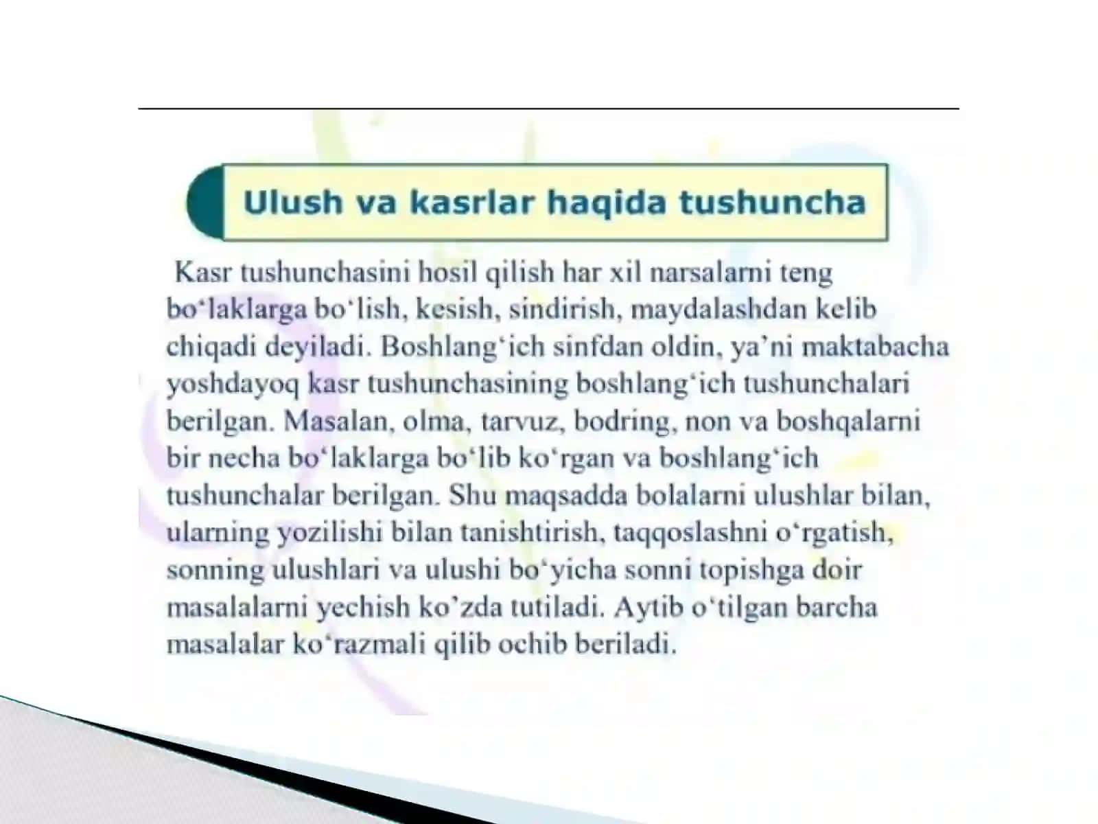 Ulush va Kasr, O'nli Kasr mavzusini o'rgatishda ko'rgazmalilikdan foydalanish 2