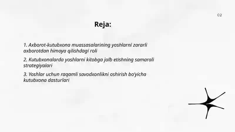 Axborot-kutubxona muassasalarida yoshlarni zararli axborot va hurujlardan himoya qilish hamda kitob oʻqishga jalb etish 2