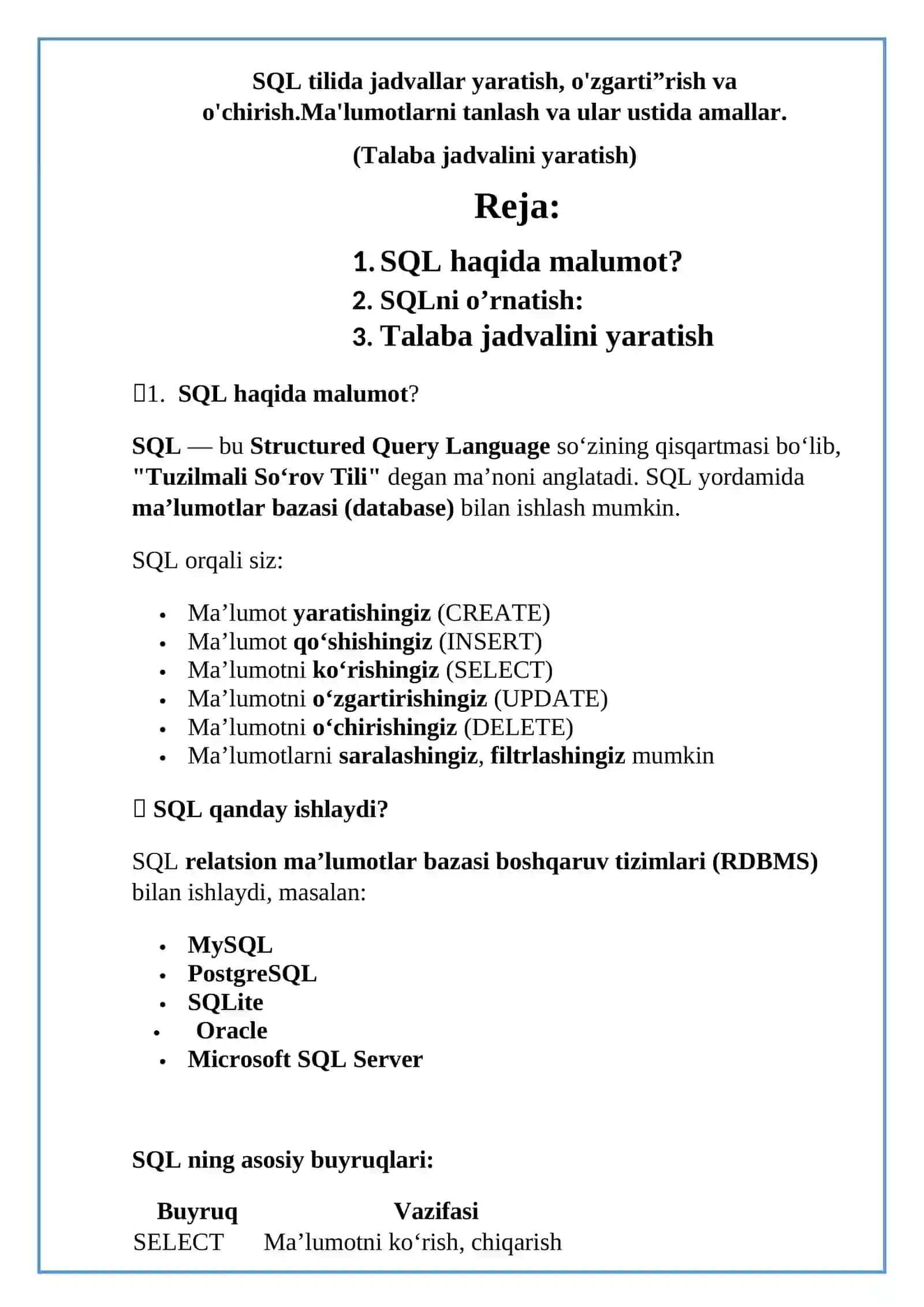 SQL tilida jadvallar yaratish, o'zgartirish va ochirish 2