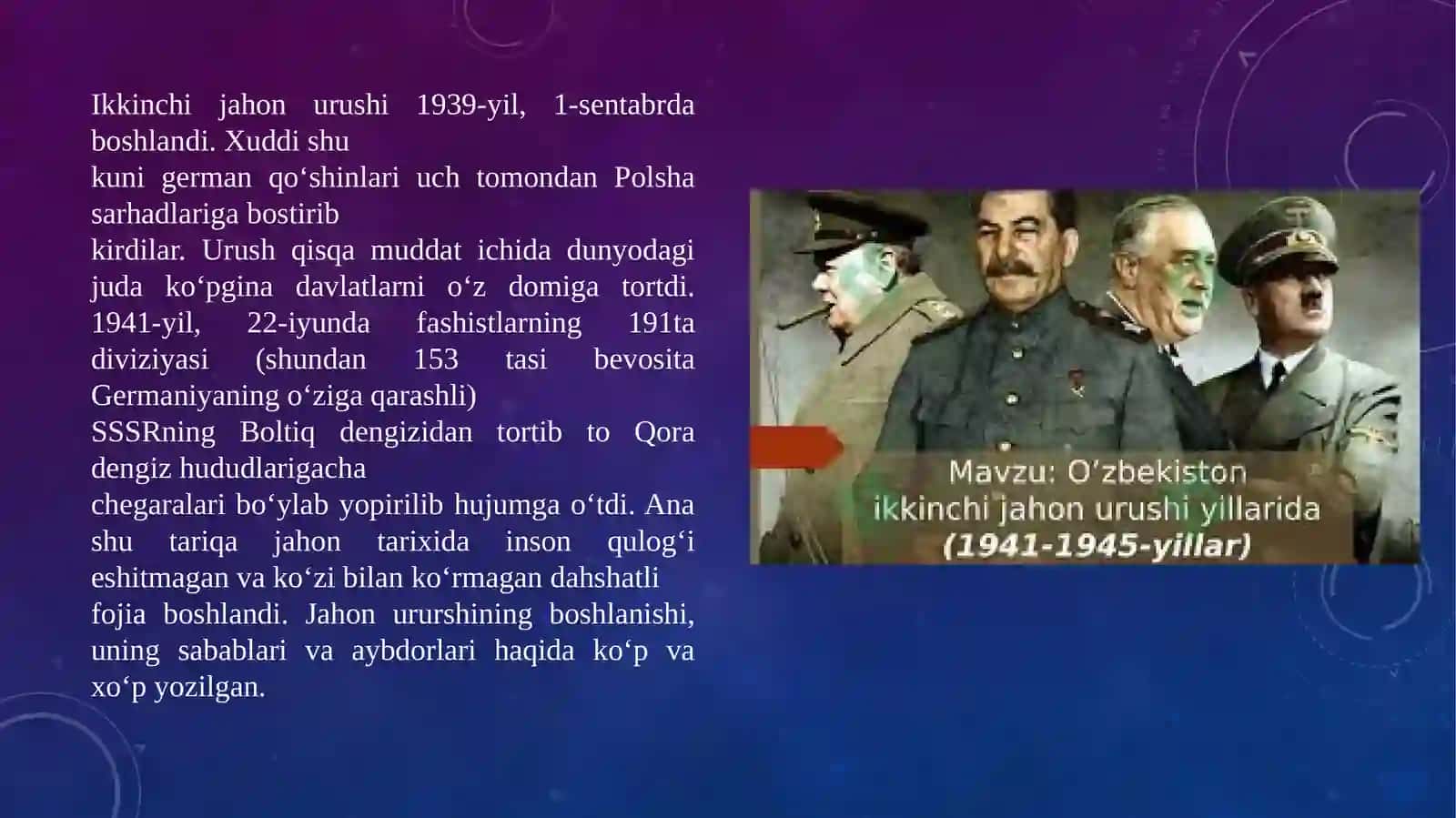 O‘zbekistonning Ikkinchi jahon urushiga tortilishi.O‘zbek xalqining fashizm ustidan qozonilgan g‘alabaga qo‘shgan hissasi 2