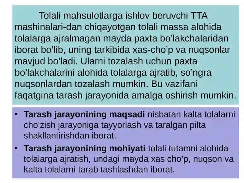 TOLALI MAHSULOTLARNI TARASH JARAYONI 2