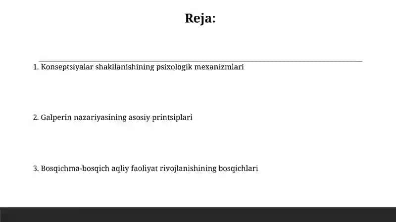 Galperin bo’yicha aqliy faoliyat va tushunchalarning bosqichma bosqich rivojlanish nazariyasi 2