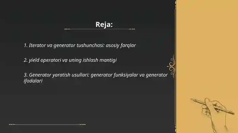 Generatorlar va Iteratorlar: Xotirani tejash va katta hajmdagi ma'lumotlar bilan ishlash. Mavzusi bo'yicha taqdimot tayyorlang 2