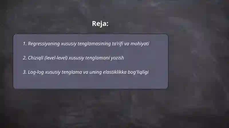 Regressiyaning xususiy tenglamasining yozilishi va elastikning xususiy koeffisientini aniglash 2