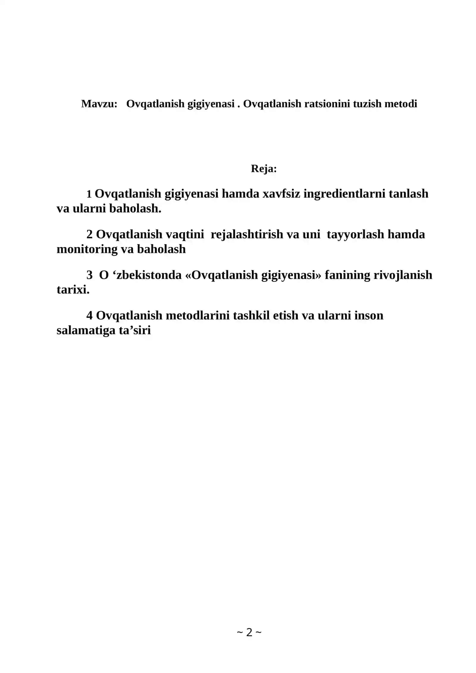 Ovqatlanish gigiyenasi. Ovqatlanish ratsionini tuzish metodi 2