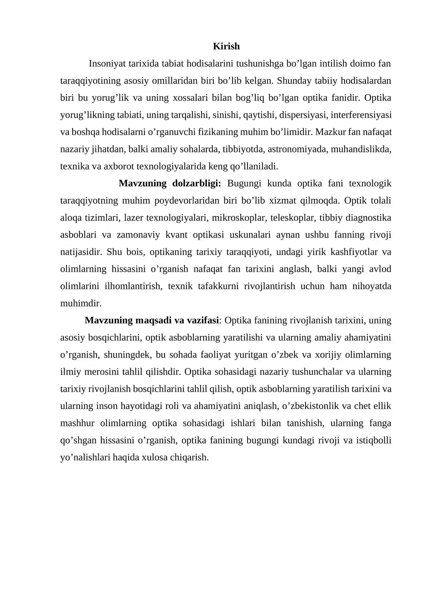 Optika sohasidagi nazariyalar, Optik asboblarning yaratilishi va ularning inson hayotidagi ahamiyati mavzusiga doir tayyor kurs ishi. 2